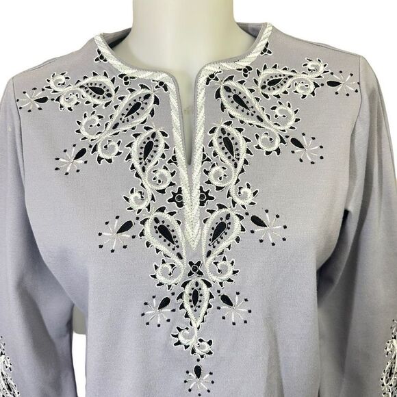 Bob Mackie Wearable Art Gray V Neck Embroidered Tunic Long Sleeves size XS - Picture 4 of 9